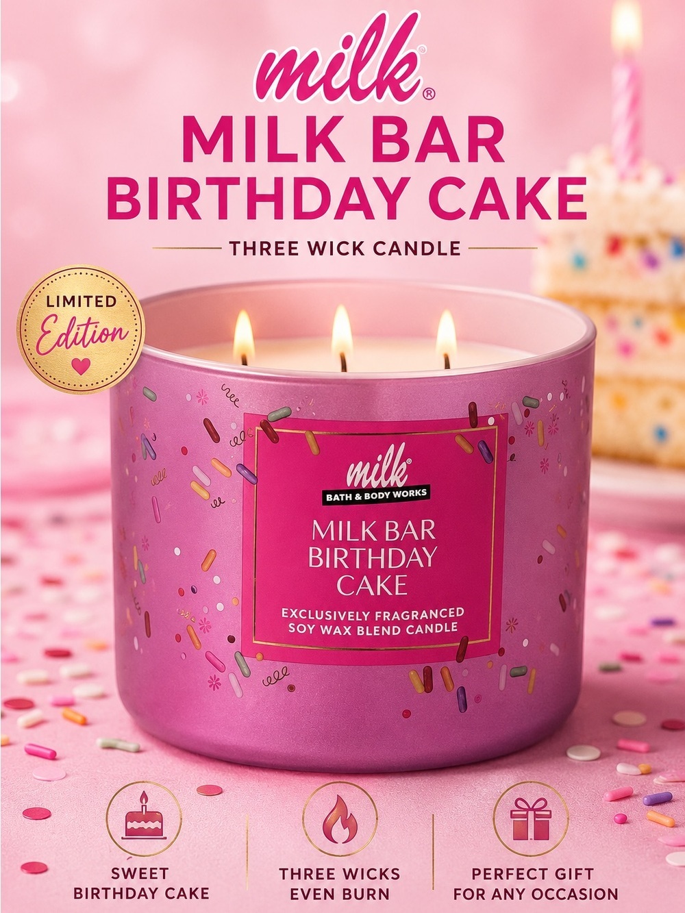 Bath & Body Works Pink Milk Bar Birthday Cake Three-Wick Candle
